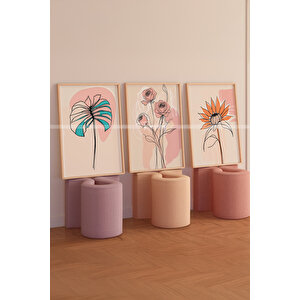 Floral Çizgisel Çiçek Sanat 3'lü Ahşap Çerçeveli Tablo Seti - 21x30