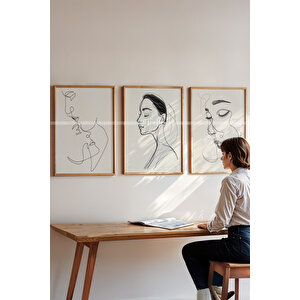 Minimal Çizgisel Sanat 3'lü Ahşap Çerçeveli Tablo Seti