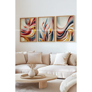 Soyut Pastel Çiçek Desenli 3'lü Ahşap Çerçeveli Tablo Seti - 30x42