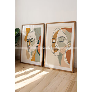 Soyut Yüz Çizimleri Ahşap Çerçeveli 2'li Tablo Seti - 30x42