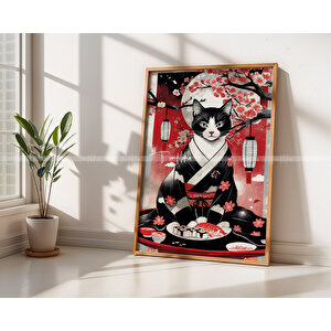Japon Temalı Kedi Tasarımlı 3'lü Ahşap Çerçeveli Tablo Seti 21x30