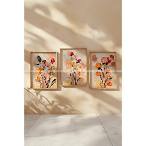 Pastel Çiçekler 3 Parçalı Ahşap Çerçeveli Tablo Seti