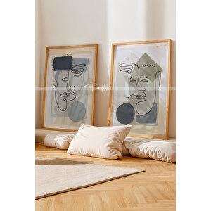 Minimalist Çizgi Sanatı 2'li Ahşap Çerçeveli Tablo Seti-2