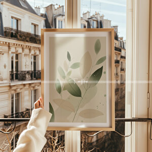 Minimalist Yeşil Yaprak Tasarımlı Ahşap Çerçeveli 2'li Tablo Seti-30x42