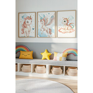 Bebek Ve Çocuk Odası Unicorn Ve Ejderha Tema Ahşap Çerçeveli 3'lü Tablo Seti