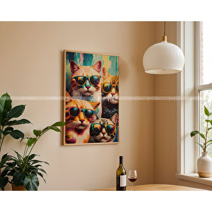 Retro Tarzda Gözlüklü Kediler Ahşap Çerçeveli 2'li Tablo Seti-30x42