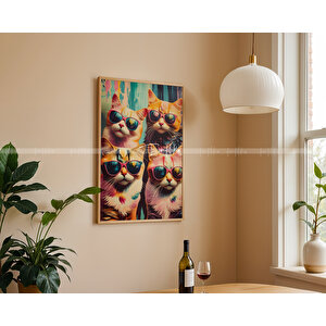 Retro Tarzda Gözlüklü Kediler Ahşap Çerçeveli 2'li Tablo Seti-30x42