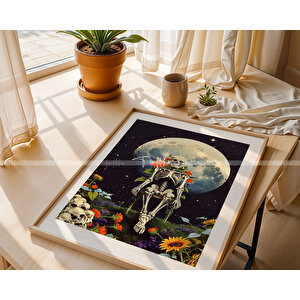 Ay Ve Çiçeklerle Süslenmiş İskelet Temalı 3'lü Ahşap Çerçeveli Tablo Seti 21x30