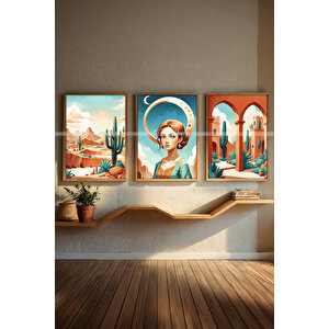 Çöl Temalı Sanatsal 3'lü Ahşap Çerçeveli Tablo Seti-30x42