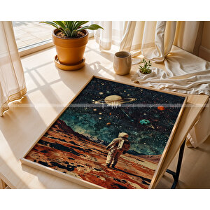 Uzay Temalı Astronot 2'li Ahşap Çerçeveli Tablo Seti 30x42