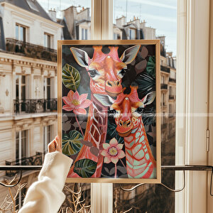 Retro Flamingo Ve Zürafa 2'li Çerçeveli Ahşap Tablo Seti-21x30