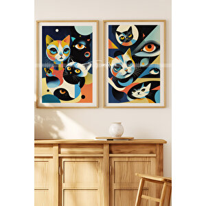 Modern Kedi Tasarımlı 2'li Ahşap Çerçeveli Tablo Seti-30x42