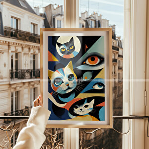 Modern Kedi Tasarımlı 2'li Ahşap Çerçeveli Tablo Seti-30x42