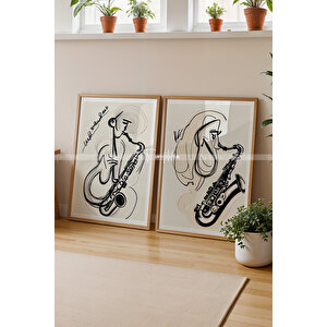Soyut Saksafon Çalan Figürler 2'li Minimalist Ahşap Tablo Seti-21x30