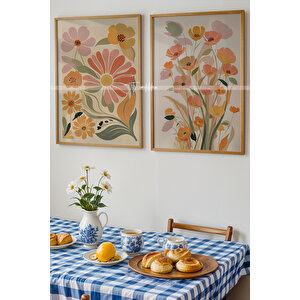 Pastel Çiçek Desenli Ahşap Çerçeveli 2'li Tablo Seti-1