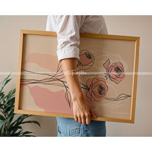 Floral Çizgisel Çiçek Sanat 3'lü Ahşap Çerçeveli Tablo Seti-30x42
