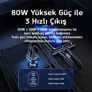 Usams Us-cc159 80w (type-c+usb) Üç Bağlantı Noktalı Hızlı Araç Şarj Soketi-siyah