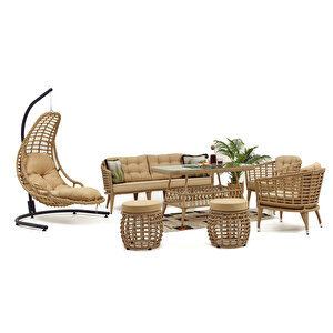 Linda Rattan Bahçe Balkon Oturma Grubu (3 1 1 Masa 2 Puf) Salıncak