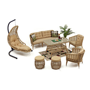 Linda Rattan Bahçe Balkon Oturma Grubu (3 1 1 Masa 2 Puf) Salıncak