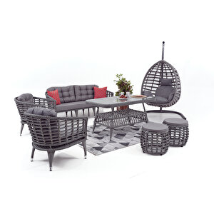 Linda Rattan Bahçe Balkon Oturma Grubu (3+1+1+masa+2 Puf) +salincak