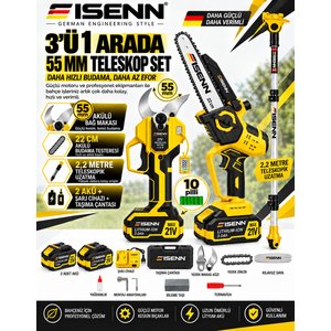 Eisenn G-3650 Teleskopik Uzatma + 55 Mm Dijital Budama Makası + Otomatik Yağ Pompalı Zincirli Testere 2 Akülü