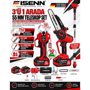 Eisenn German 55 MM Dijital Makas + 22 CM Otomatik Yağlamalı Testere + 2.2 MT Teleskop Süper Bahçe Seti Çantalı