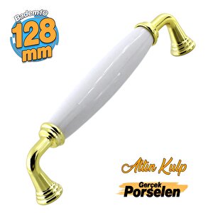 Kapıdağı Porselen Beyaz Altın Metal Kulp 128 Mm Mobilya Çekmece Mutfak Dolabı Dolap Kapak Kulb Kulpu