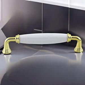 Kapıdağı Porselen Beyaz Altın Metal Kulp 128 Mm Mobilya Çekmece Mutfak Dolabı Dolap Kapak Kulb Kulpu
