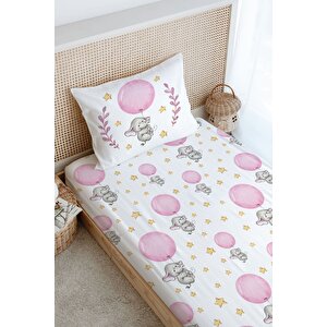 Tek Kişilik Lastikli Çarşaf Seti - For Baby Serisi - Pembe Büyük Balonlu Fil 80x160 cm