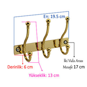 Metal Gold 3'lü Birleşik Portmanto Vestiyer Duvar Monteli Dolap Askılığı Vidalı Elbise Asma 1 Adet