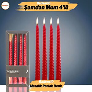 Şamdan Mum Burgulu 4'lü Metalik Boya Kırmızı Dekoratif Mumu Kandil Hediyelik Fitilli Mumluk 25 Cm