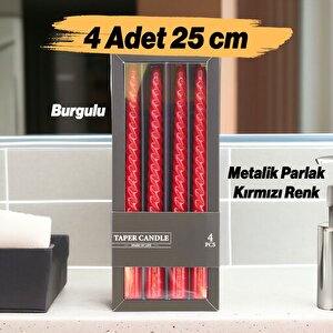 Şamdan Mum Burgulu 4'lü Metalik Boya Kırmızı Dekoratif Mumu Kandil Hediyelik Fitilli Mumluk 25 Cm