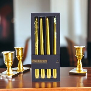 Şamdan Mum 4'lü Metalik Boya Gold Dekoratif Mumu Kandil Hediyelik Fitilli Mumluk Parlak Altın 25 Cm