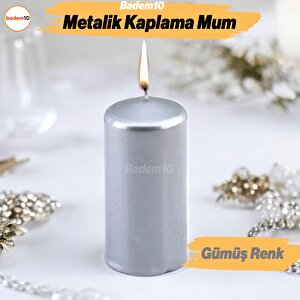 Baton Mum Metalik Kaplama Gümüş Silindir Dekoratif Mumu Kandil Hediyelik Mumlar Şamdan Kokusuz 8 Cm