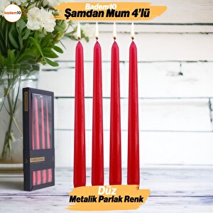 Şamdan Mum 4'lü Metalik Boya Kırmızı Dekoratif Mumu Kandil Hediyelik Fitilli Mumluk Kırmızı 25 Cm