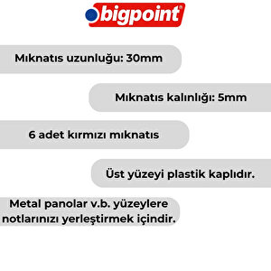 | Magnet 30 Mm Mıknatıs, Kırmızı, 6'lı Blister, Plastik Kaplama, Notlar İçin