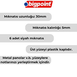 | Magnet 30 Mm Mıknatıs, Siyah, 6'lı Blister, Plastik Kaplama, Notlar İçin