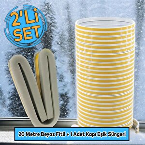 Kapı Pencere Bandı Fitili Yapışkanlı Beyaz Soğuk İzolasyon Bant 10x2=20 Metre + Eşik Süngeri 2'li Set