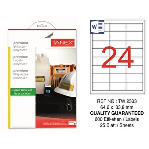 Tw-2533 64.6x33.8mm Polyester Etiket 25 Li