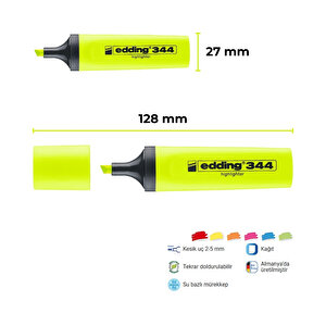 | Fosforlu Kalem E-344, Sarı, 2-5 Mm Kesik Uç, Su Bazlı Mürekkep, Hızlı Kuruyan, Doldurulabilir