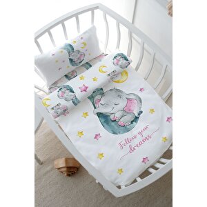 Park Yatak Nevresim Takımı (80x120) - For Baby Serisi - Hortumda Uyuyan Pembe Fil