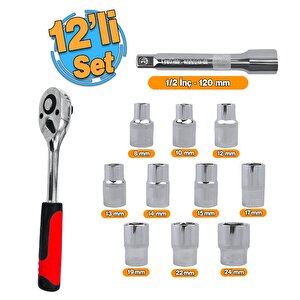 Lokma Anahtar Takımı 12'li Set 8-10-12-13-14-15-17-19-22-24 Mm Cr-v Çelik 1/2 Derin Cırcır Soket