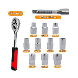 Lokma Anahtar Takımı 12'li Set 8-10-12-13-14-15-17-19-22-24 Mm Cr-v Çelik 1/2 Derin Cırcır Soket
