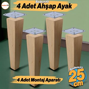 Ahşap Ayak 4 Adet 25 Cm Kare Bağlantı Aparatı Dahil Mobilya Koltuk Kanepe Sehpa Masa Ayağı Ayakları