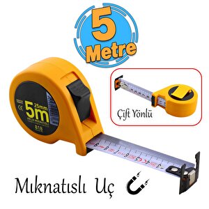 Mıknatıslı Helix Çift Taraflı Şerit Metal Metre 5 Metre En 25 Mm Ölçüm Ölçme Plastik Kasalı 1 Adet