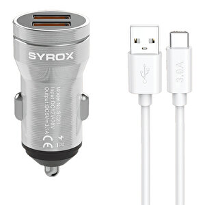 Syrox Sc20t 3.1a Q.c. 3.0 1mt Usb-a - Type-c Kablolu 2xusb-a Port Çıkışlı Hızlı Araç Şarj Cihazı - Gri
