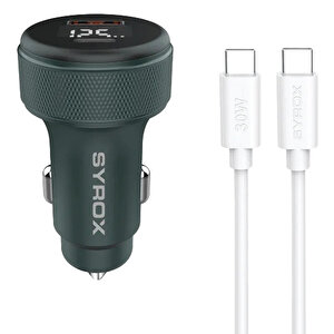 Syrox Sc30t 3.1a 30w Pd Q.c. 3.0 1mt Type-c - Type-c Kablolu Dijital Ekranlı 1xtype-c + 1xusb-a Port Çıkışlı Hızlı Araç Şarj Cihazı - Siyah