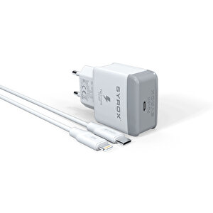 Syrox Pd18l 3.0a 18w Pd 1mt Type-c - Lightning Kablolu 1xtype-c Port Çıkışlı Şarj Cihazı - Beyaz