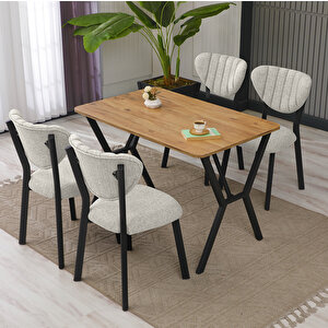 Elma Modeli Masa Sandalye Takımı, 4 Sandalye 1  Sabit Ceviz Masa  110x70 Cm, Keten Kumaş Krem