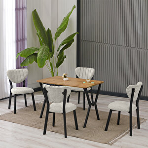 Elma Modeli Masa Sandalye Takımı, 4 Sandalye 1  Sabit Ceviz Masa  110x70 Cm, Keten Kumaş Krem